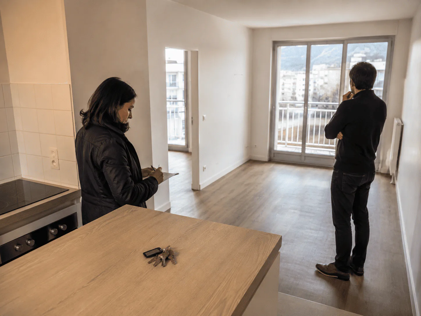 Deux personnes inspectent un appartement vide avant sa remise en location.
