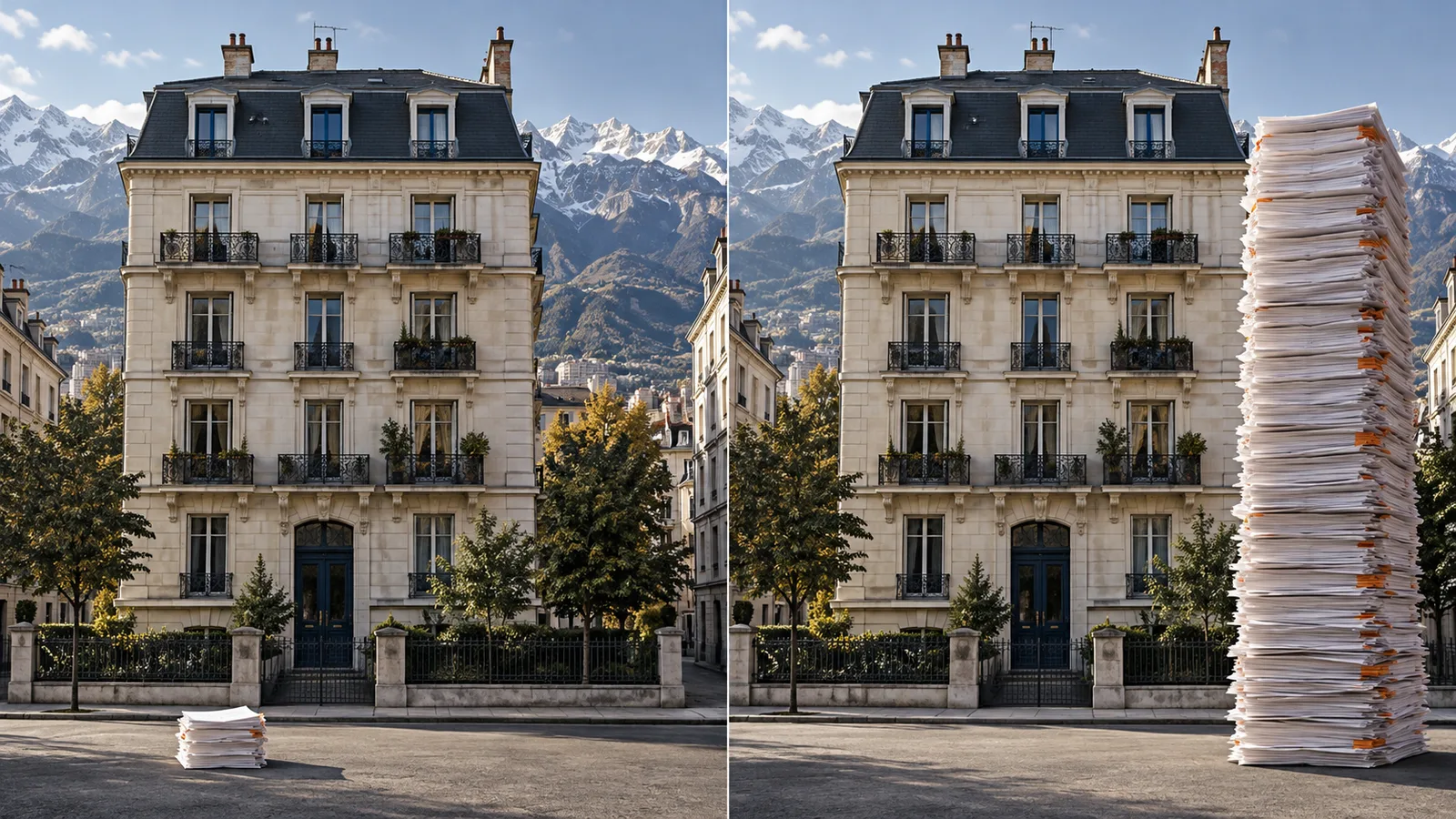 Le même immeuble grenoblois, face aux montagnes, apparaît deux fois : devant lui, une petite pile de factures à gauche et une pile presque aussi haute que le toit à droite.